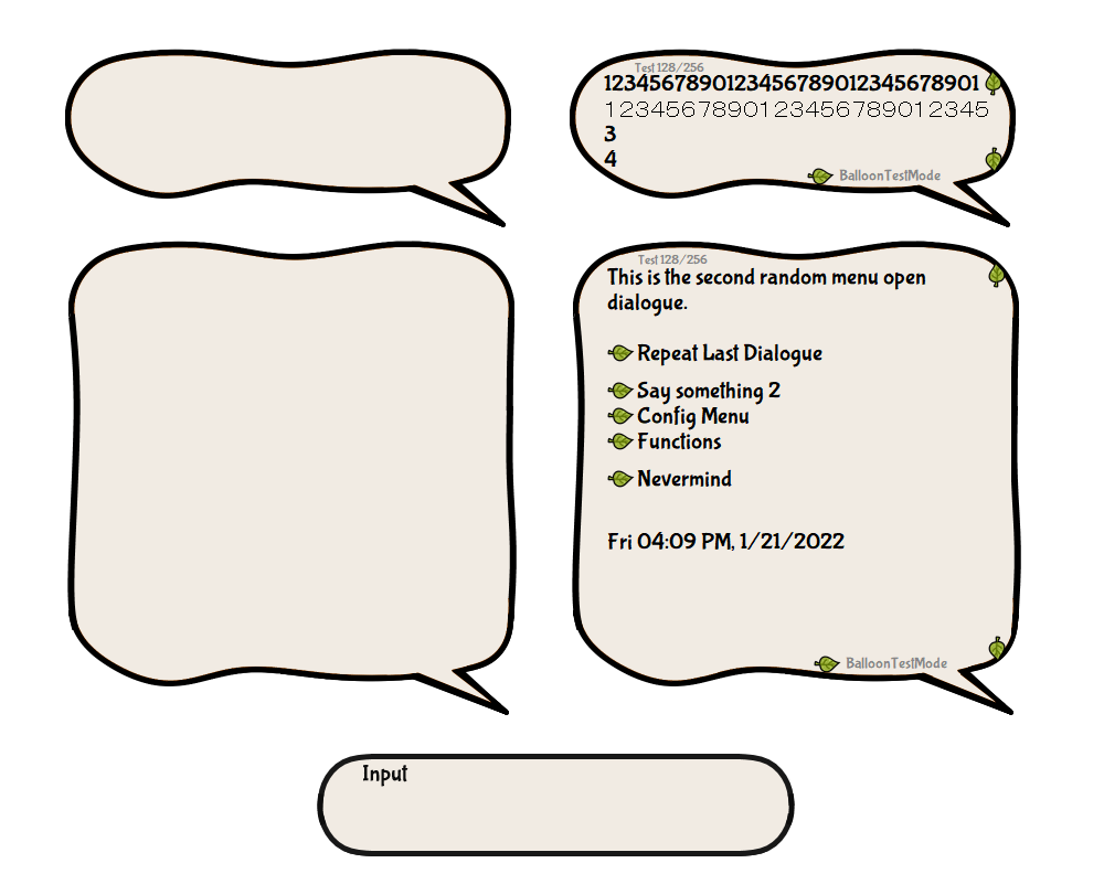 An image showing two examples of the balloon. On the left, it's showing how the normal balloon looks without text. On the right, it shows the balloon again but with debug text to show the general usage of the balloon. Note from author: It works well, but it's a bit... cramped.